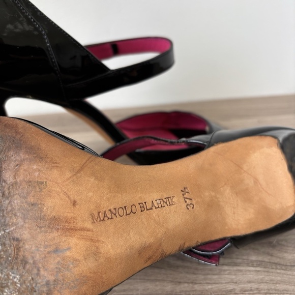 Manolo Blahnik Black Patent Heeled Mary Jane Sandals Sz 7.5 US *VINTAGE*❤️ - Picture 9 of 11